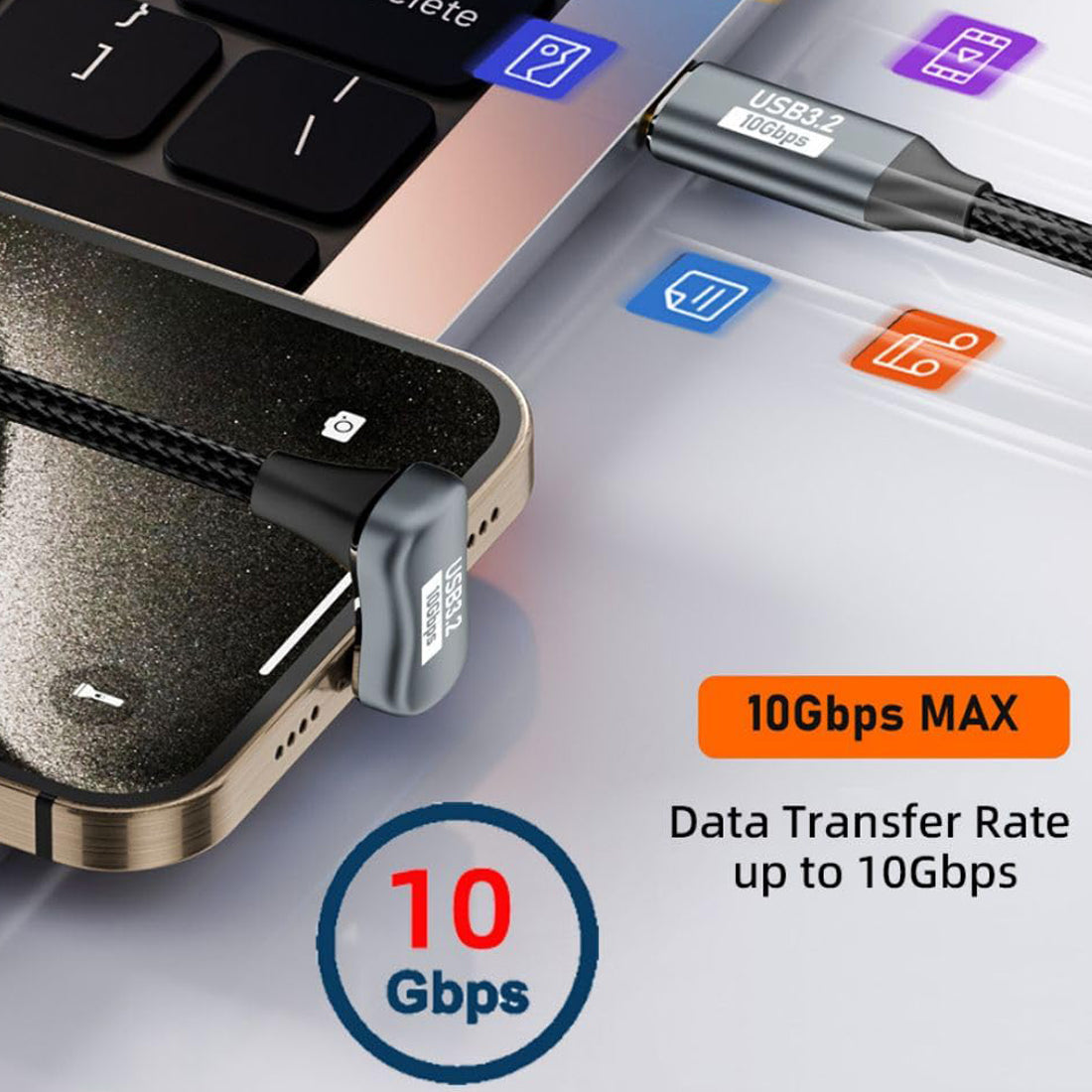 USB C to USB C Cable USB 3.2 10Gbps 100W U Shape Back Angled Male to Male for Monitor Charging Data