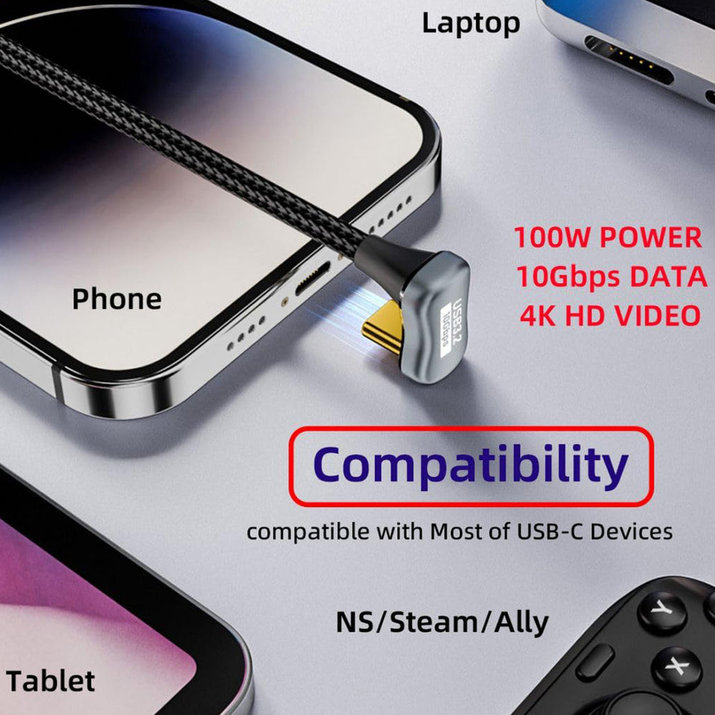 USB C to USB C Cable USB 3.2 10Gbps 100W U Shape Back Angled Male to Male for Monitor Charging Data