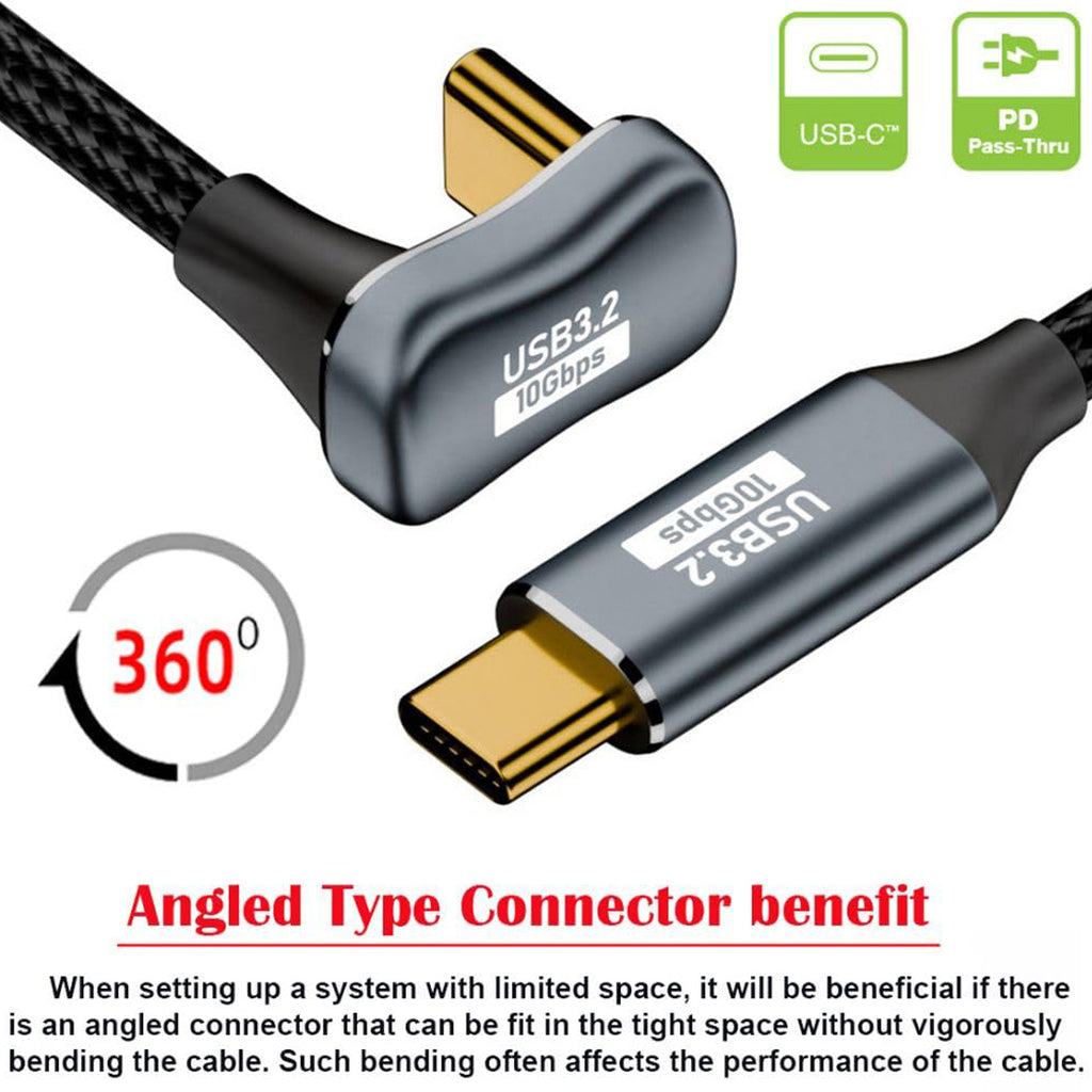 USB C to USB C Cable USB 3.2 10Gbps 100W U Shape Back Angled Male to Male for Monitor Charging Data