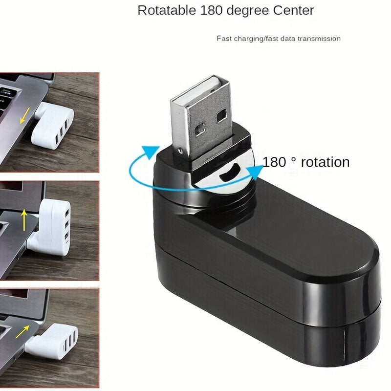 3-Port USB 2.0 Hub 90°/180° Rotatable Connector – Compact Portable USB Splitter 480Mbps for PC Laptop Notebook Mac