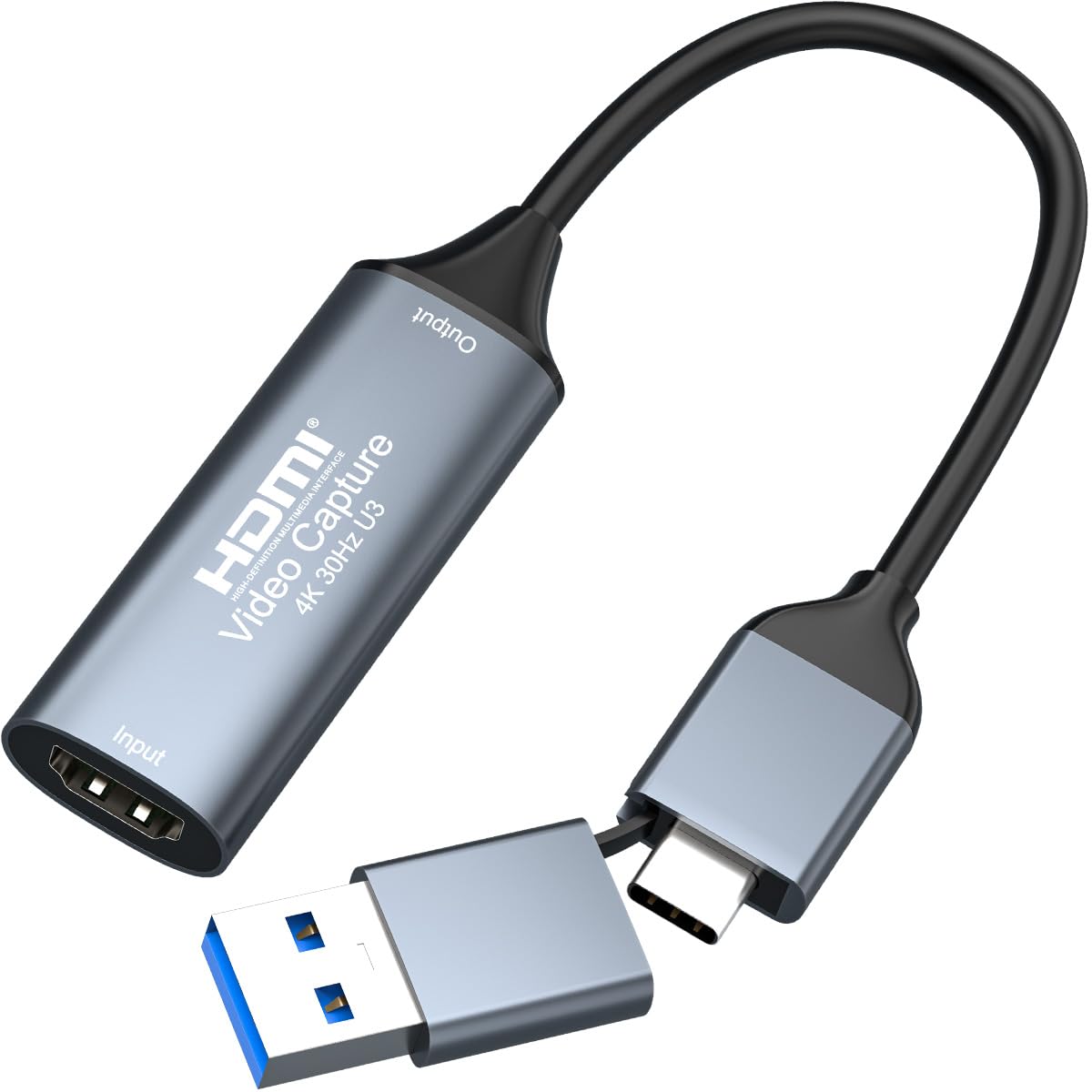 4K HDMI to USB 3.0 Type C Video Capture Card 1080P 60FPS 2-in-1 Dual Connector Cam Link Audio Video Grabber for Streaming Gaming Conferencing OBS