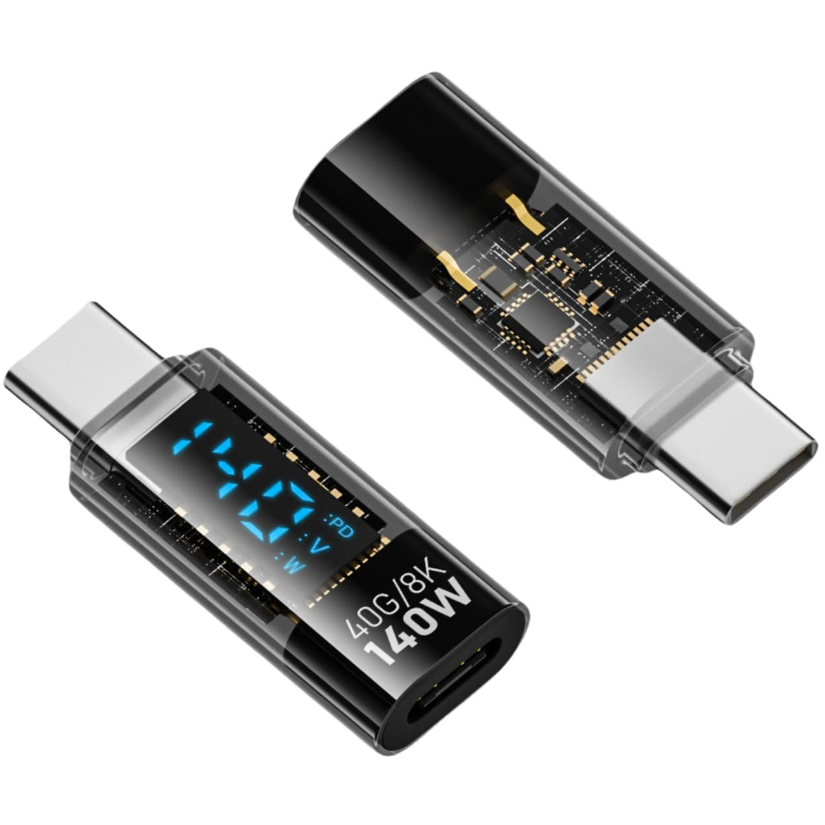 USB C Adapter LED Display 140W PD QC4 Fast Charging USB4 40Gbps 8K Video Transparent USB C Male to Female Power Meter for MacBook iPhone iPad