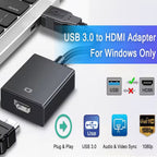 USB 3.0 to HDMI Adapter 1080P 60Hz Video Audio Converter for Windows PC Laptop Monitor HDTV TV Projector Mirror Extend Display