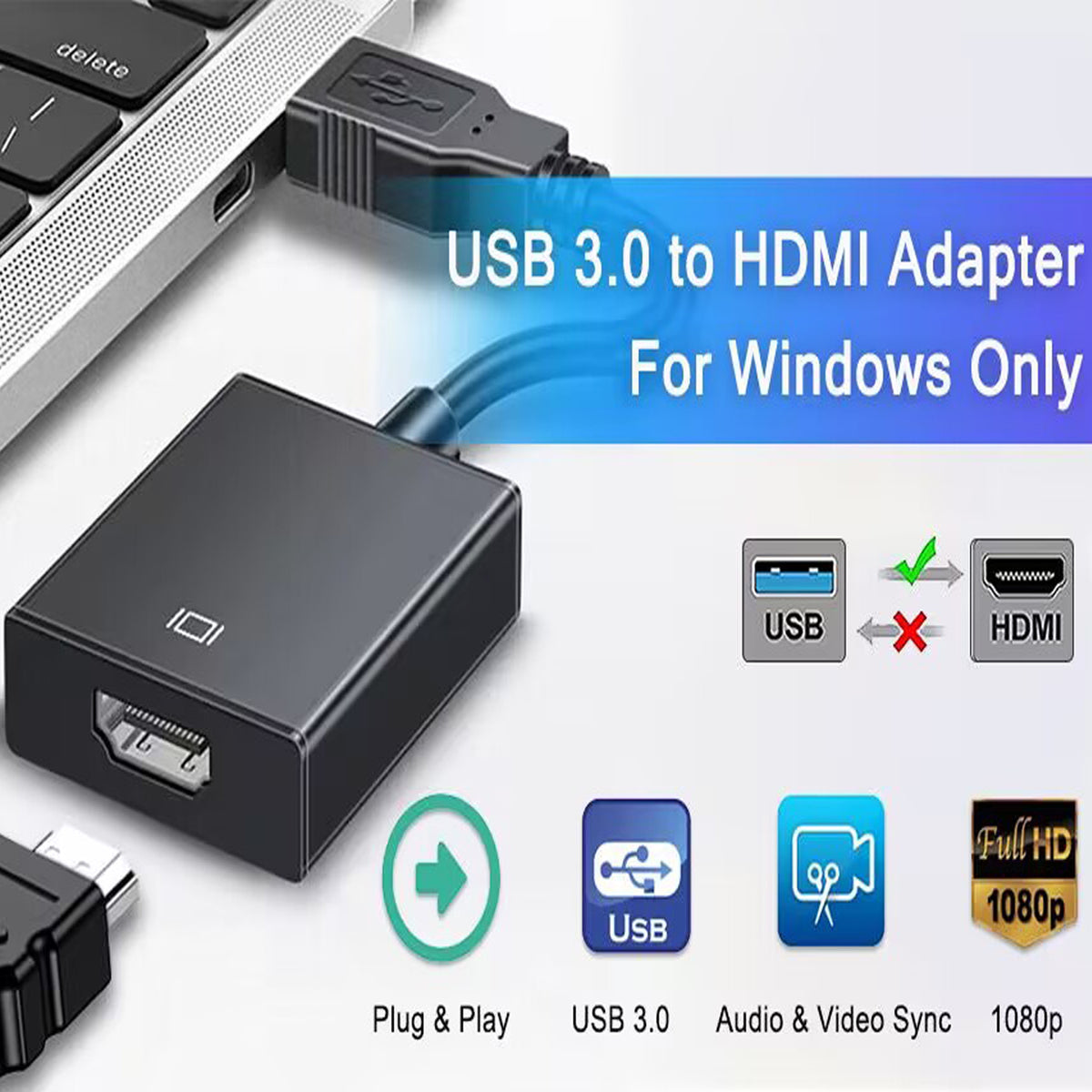 USB 3.0 to HDMI Adapter 1080P 60Hz Video Audio Converter for Windows PC Laptop Monitor HDTV TV Projector Mirror Extend Display