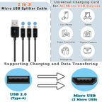 1 to 3 Micro USB Charging Splitter USB A to 3X Micro USB Multi Charger Cord 1 Port Data Sync 2 Port Charge Only for Earbuds Speaker Power Bank Android Phone