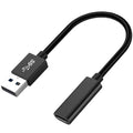 A black braided USB extension cable with a USB-A to USB-C adapter, shown on a solid white background.