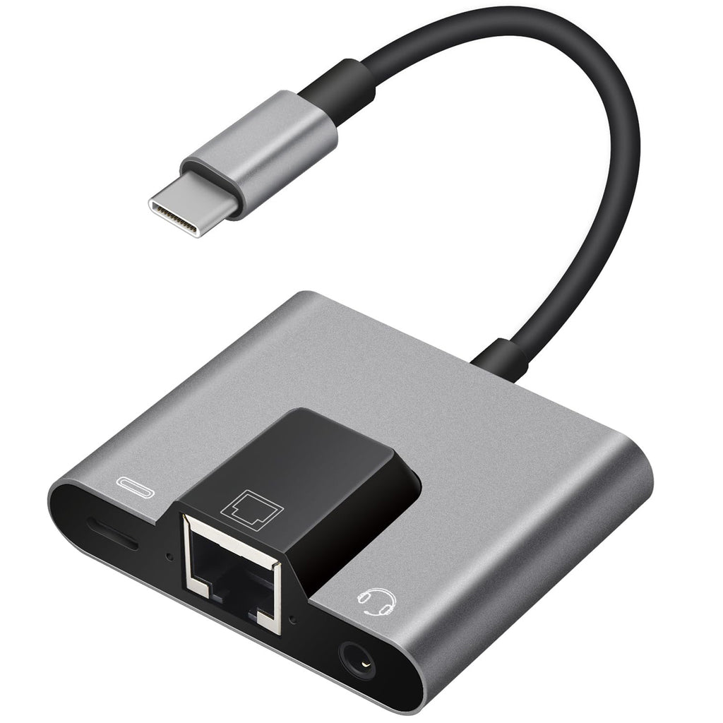 USB C to RJ45 Ethernet Adapter 10/100Mbps with 3.5mm Audio Jack and USB C Charging for iPhone 15 16 iPad Pro Galaxy