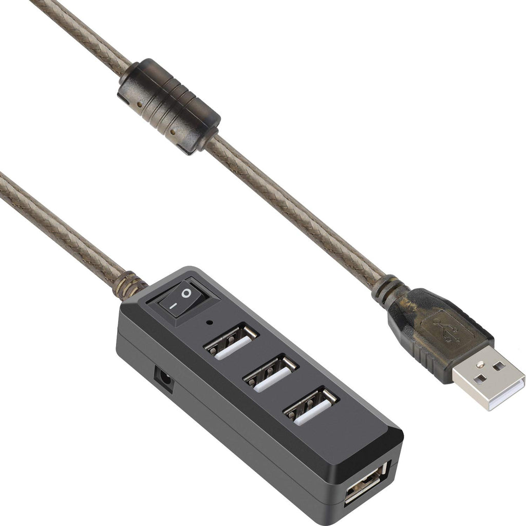 Active USB 2.0 Extension Cable with 4 Port USB Hub Power Switch Long USB Repeater Cord with DC 5V Jack for PC Laptop Printer Webcam Mouse Flash Drive