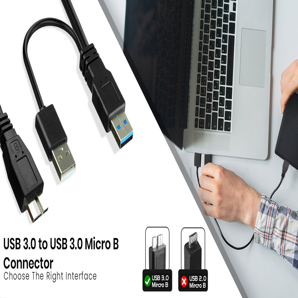 USB 3.0 Y Cable Dual USB A Male to Micro B Cord Extra Power Boost 5Gbps Data Lead for External Hard Drive HDD Enclosure Wii U Blu Ray WD Seagate Toshiba