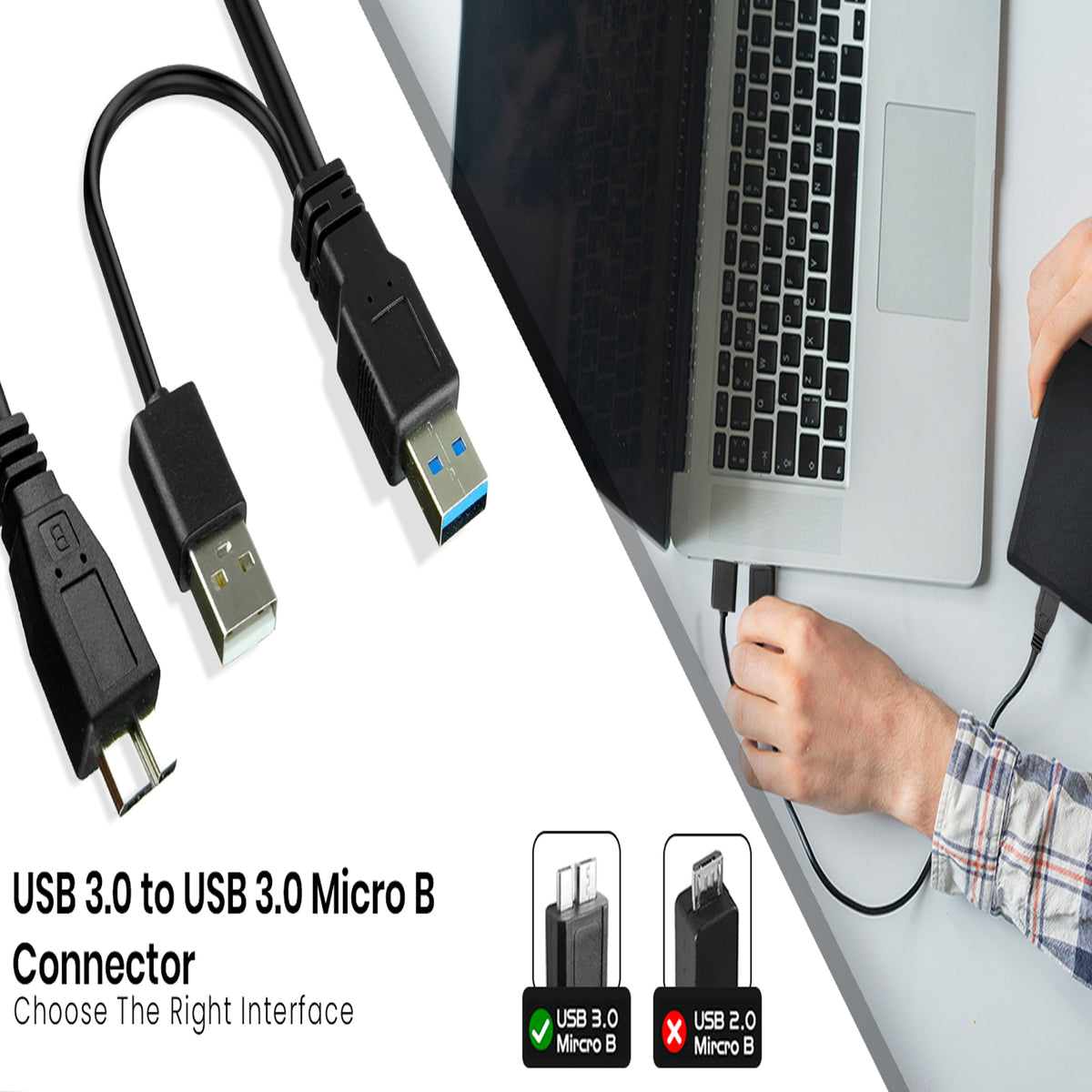 USB 3.0 Y Cable Dual USB A Male to Micro B Cord Extra Power Boost 5Gbps Data Lead for External Hard Drive HDD Enclosure Wii U Blu Ray WD Seagate Toshiba
