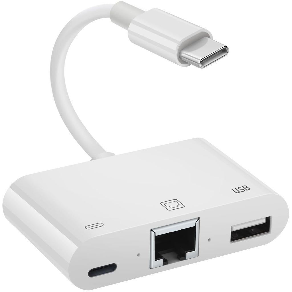 USB C to RJ45 Ethernet Adapter 100Mbps Wired LAN Network Adapter with USB A Port Type C Charging Port Plug and Play for Type C Smartphone iPhone