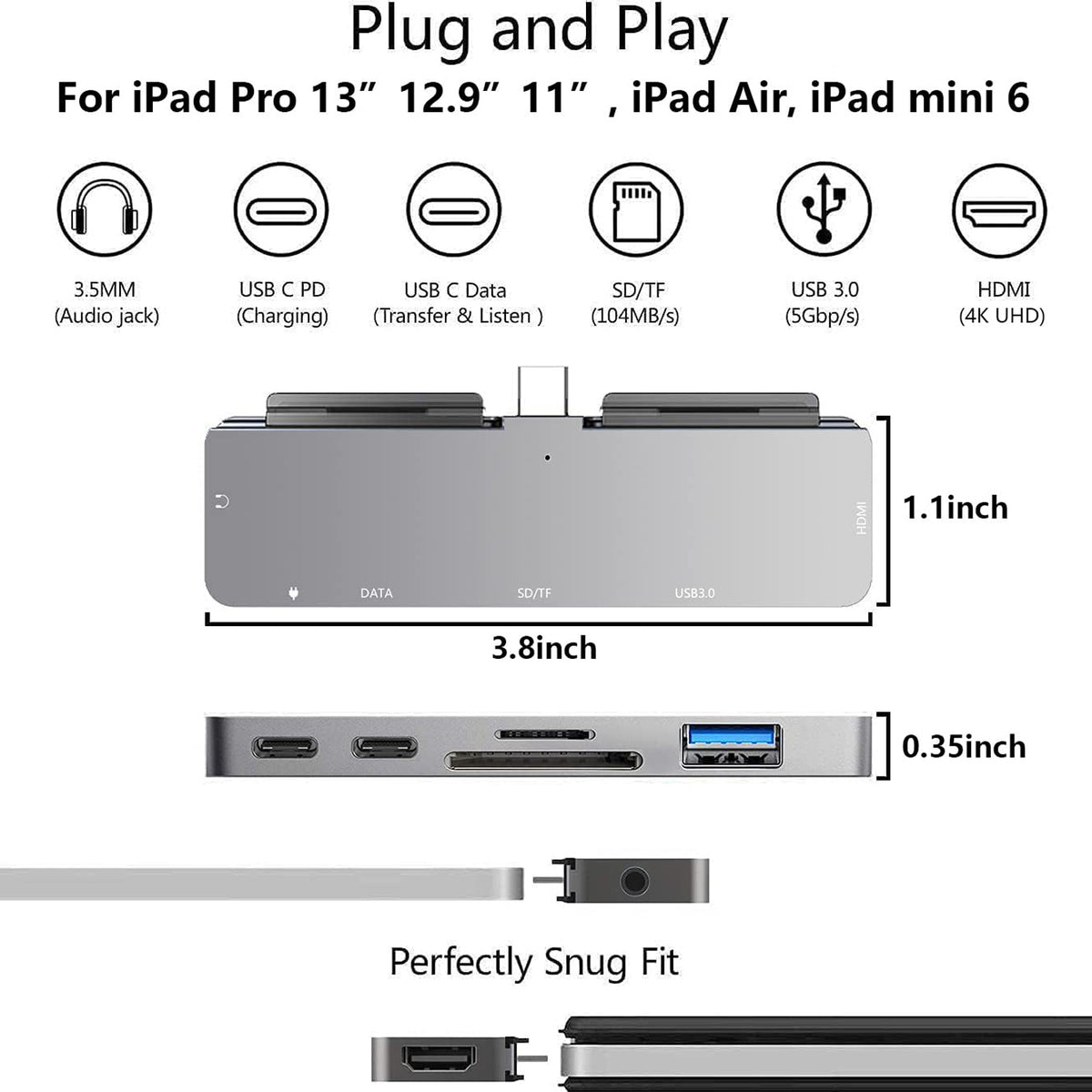 USB C Hub 7 in 1 Adapter with 4K HDMI USB 3.0 SD microSD Card Reader 3.5mm Audio USB C Data PD Charging for iPad Pro Air mini