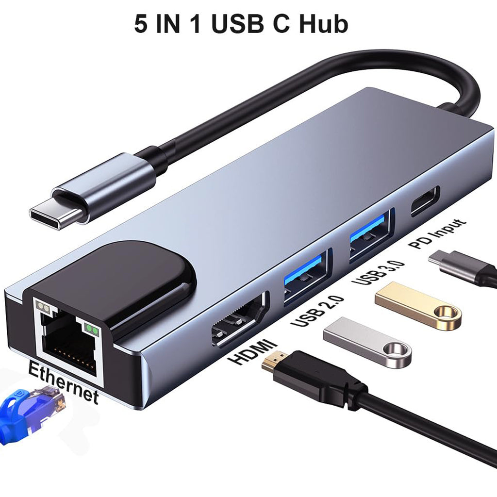 5 in 1 USB C Hub 4K HDMI 100Mbps Ethernet 100W PD USB 3.0 USB 2.0 Multiport Adapter for MacBook Pro Air iPad Pro iPhone 16 15 Dell XPS