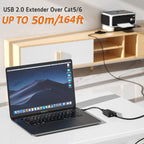 USB 2.0 Extender Over RJ45 Cat5 Cat5e Cat6 Cable Extension Adapter Set Up to 50m 164ft for PC Laptop Printer Mouse Keyboard Webcam