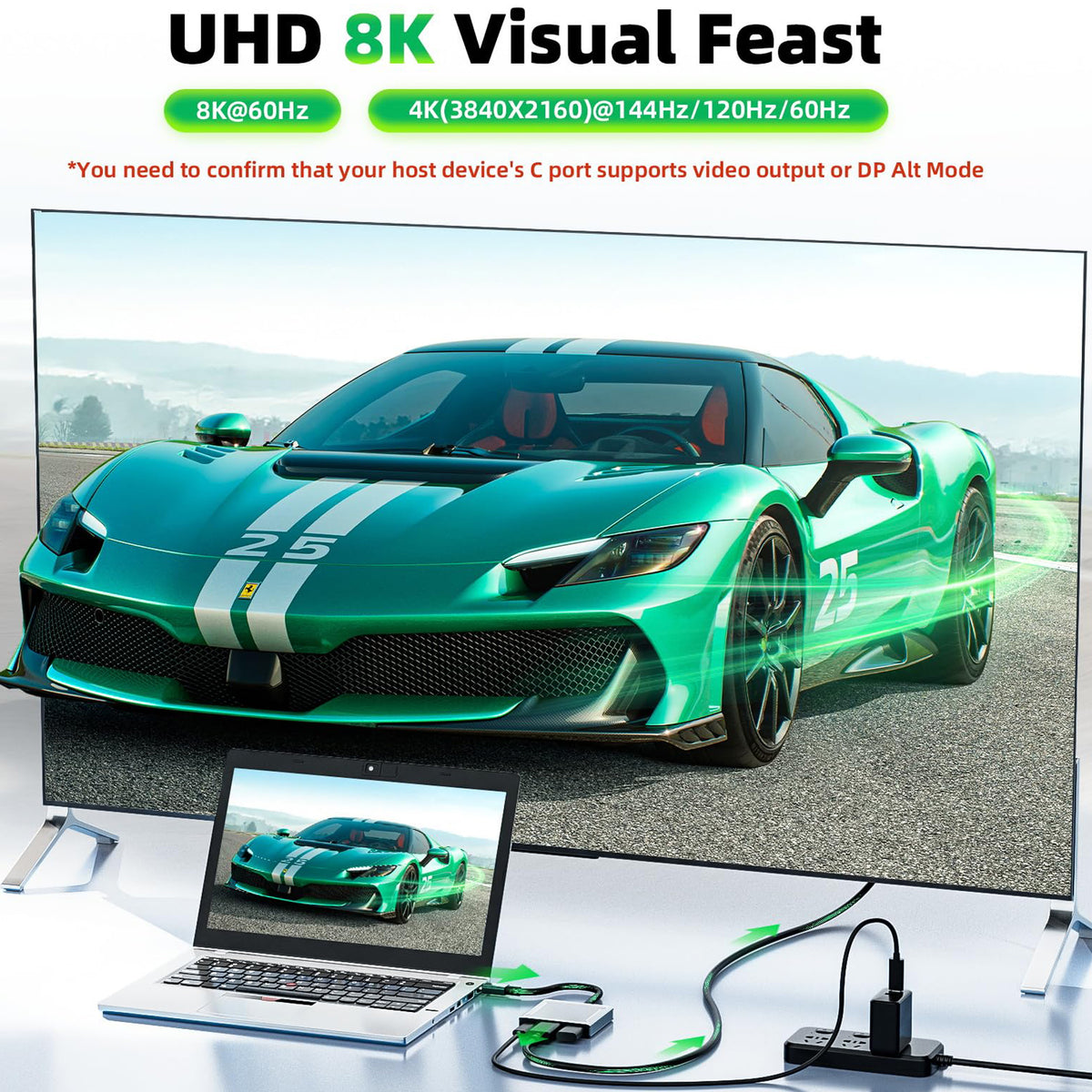 USB C to DisplayPort Adapter 8K 60Hz 4K 144Hz 3 in 1 Type C to DP Hub 100W PD Charging USB 2.0 Video Converter for MacBook Pro iPad Pro Laptop Monitor