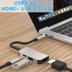 3 in 1 USB C to HDMI Adapter 4K 30Hz Multiport Type C Hub with 100W PD Fast Charging USB 3.0 for MacBook Pro Air iPad Surface Chromebook iPhone 15 16 PC