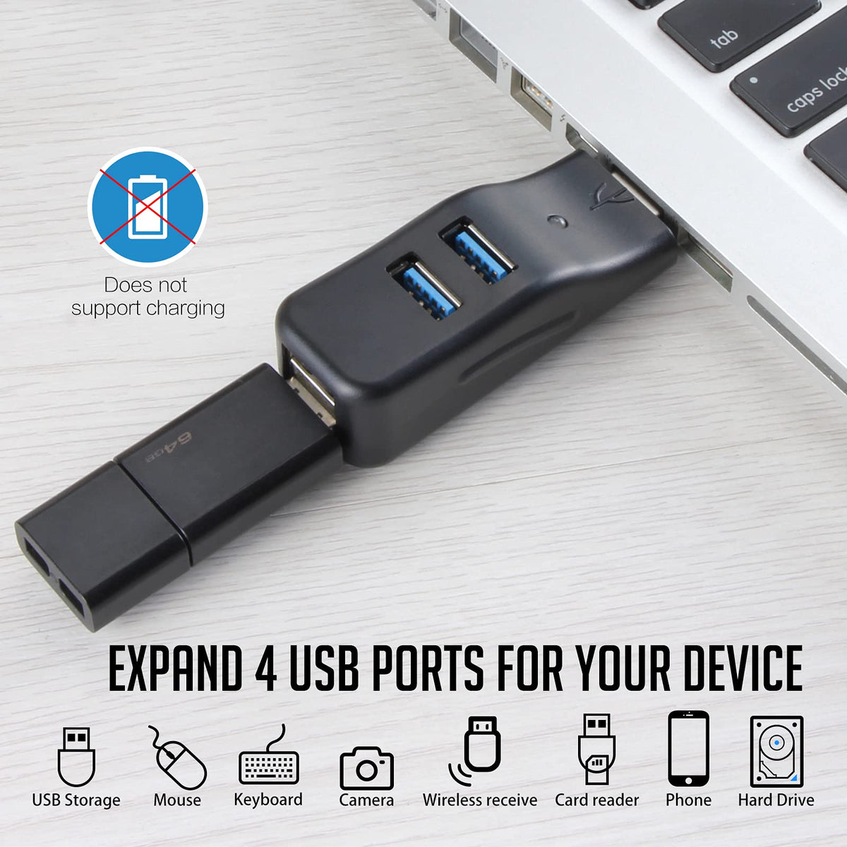 USB 3.0 Hub 4 Port Data Splitter Mini Direct Plug USB A Expander 5Gbps Adapter for Laptop Desktop PC Surface Pro XPS Flash Drive Keyboard and Mouse