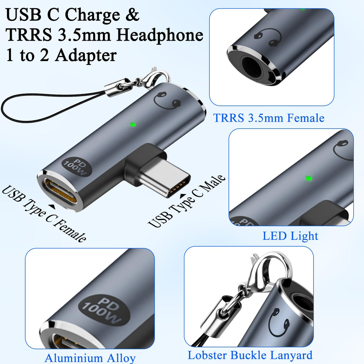 USB C to 3.5mm Headphone Adapter with 100W PD Charging DAC Audio TRRS Mic USB C Charger Port for iPhone 16 15 Galaxy Pixel iPad