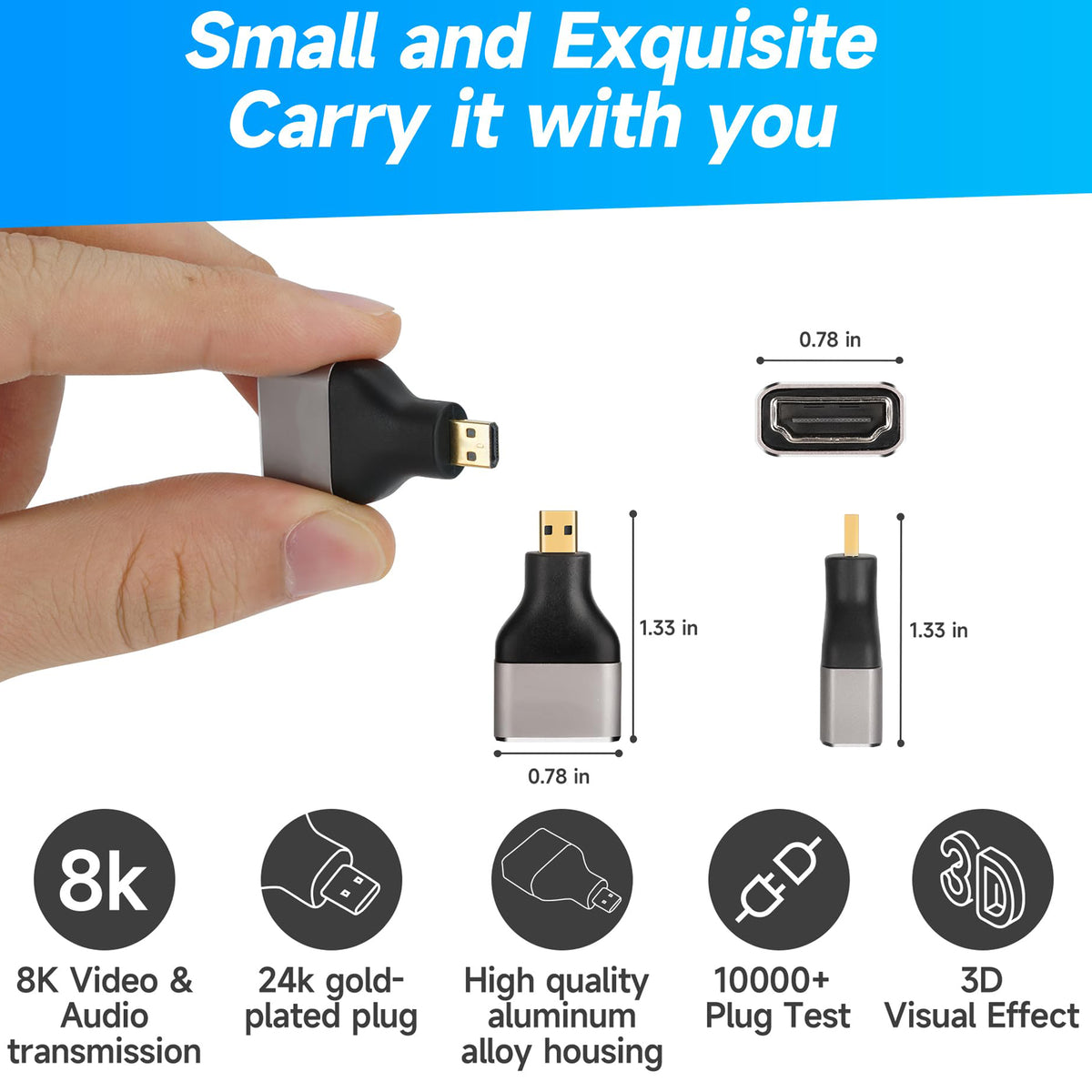 8K Micro HDMI to HDMI Adapter 4K 120Hz HDMI 2.1 Type D Male to Female Bidirectional Converter for GoPro Hero Sony A6000 Raspberry Pi 4 Camera Monitor