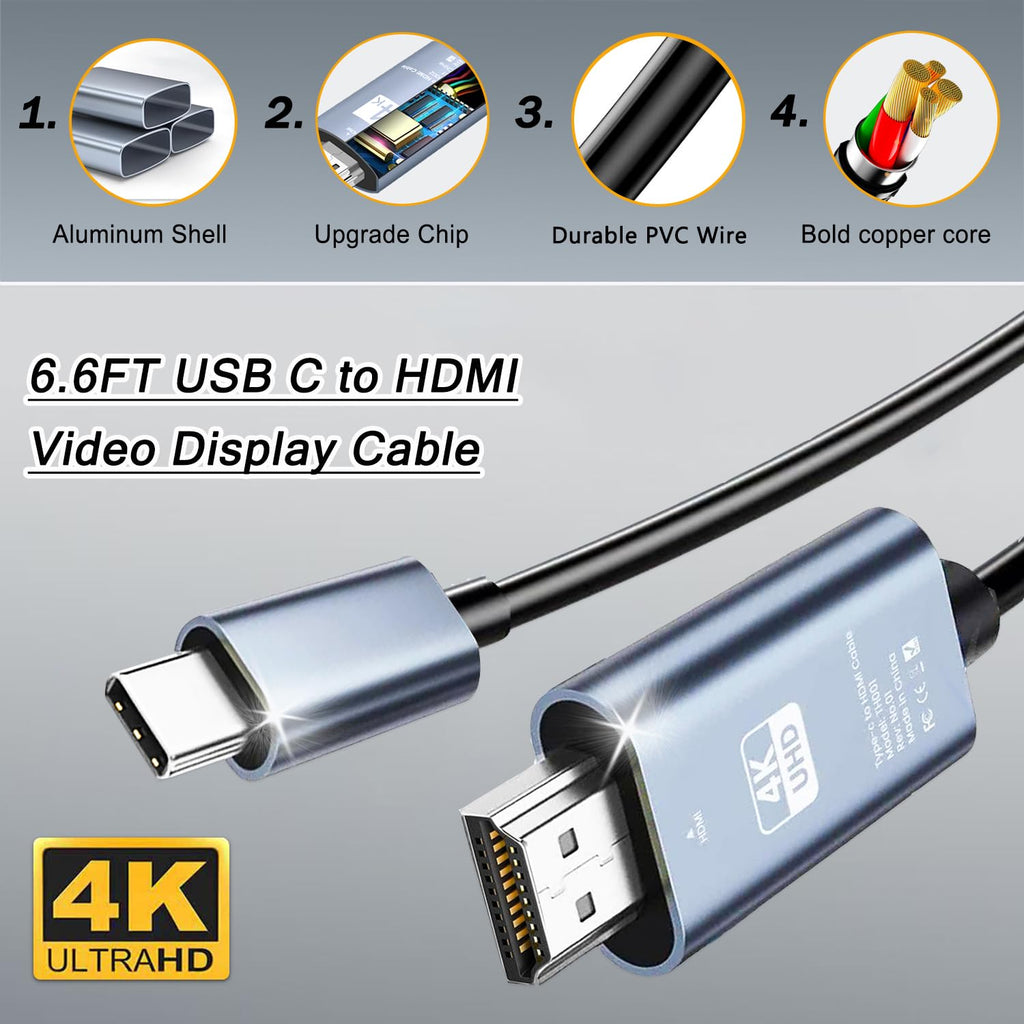 6.6FT USB C to HDMI Cable 4K 30Hz Type C to HDMI Monitor Cord Thunderbolt 3 4 for iPhone 16 15 Pro MacBook Pro Air iPad Surface Galaxy S23 XPS TV