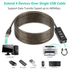 Active USB 2.0 Extension Cable with 4 Port USB Hub Power Switch Long USB Repeater Cord with DC 5V Jack for PC Laptop Printer Webcam Mouse Flash Drive