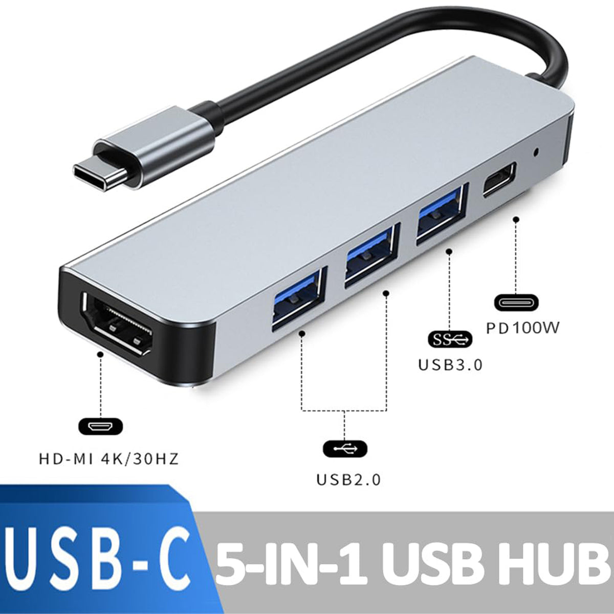 5 in 1 USB C Hub Multiport Adapter 4K HDMI 100W PD Fast Charging USB 3.0 USB 2.0 Type C Dongle for MacBook Pro Air iPhone 15 iPad Pro Dell XPS ThinkPad