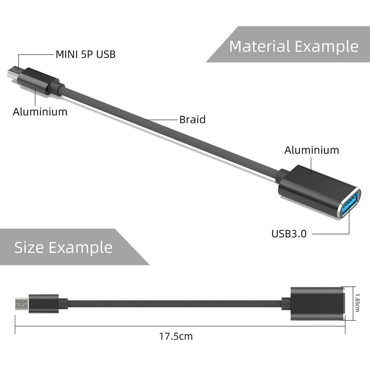 Mini USB OTG Cable USB A Female to Mini USB 5 Pin Male Adapter Braided Host Cord for Dash Cam Car Navigation GPS Digital Camera MP3 MP4 Tablet Recorder
