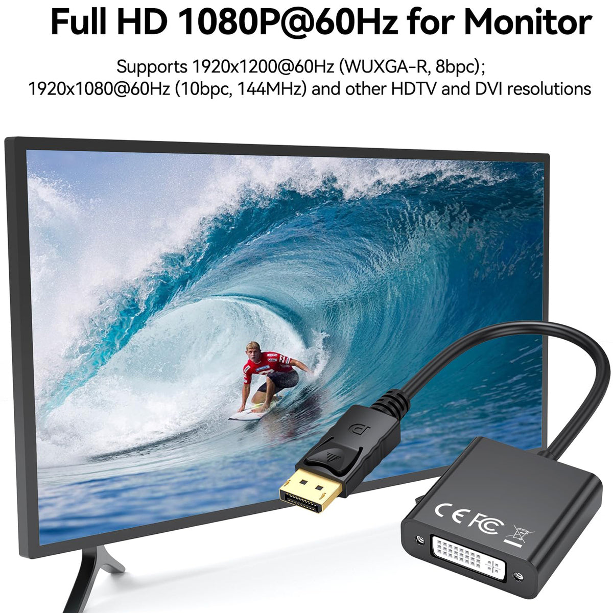 DisplayPort to DVI I Adapter DP Male to DVI I 24+5 Female Converter 1080p 60Hz for Desktop Laptop Monitor Projector