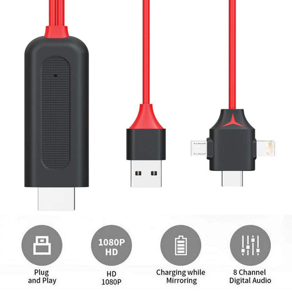 3 in 1 Phone to HDMI Cable 1080P Type C Lightning Micro USB to HDMI Screen Mirroring Cord with USB Power for iPhone 11 X 8 Samsung S9 S8 TV Projector