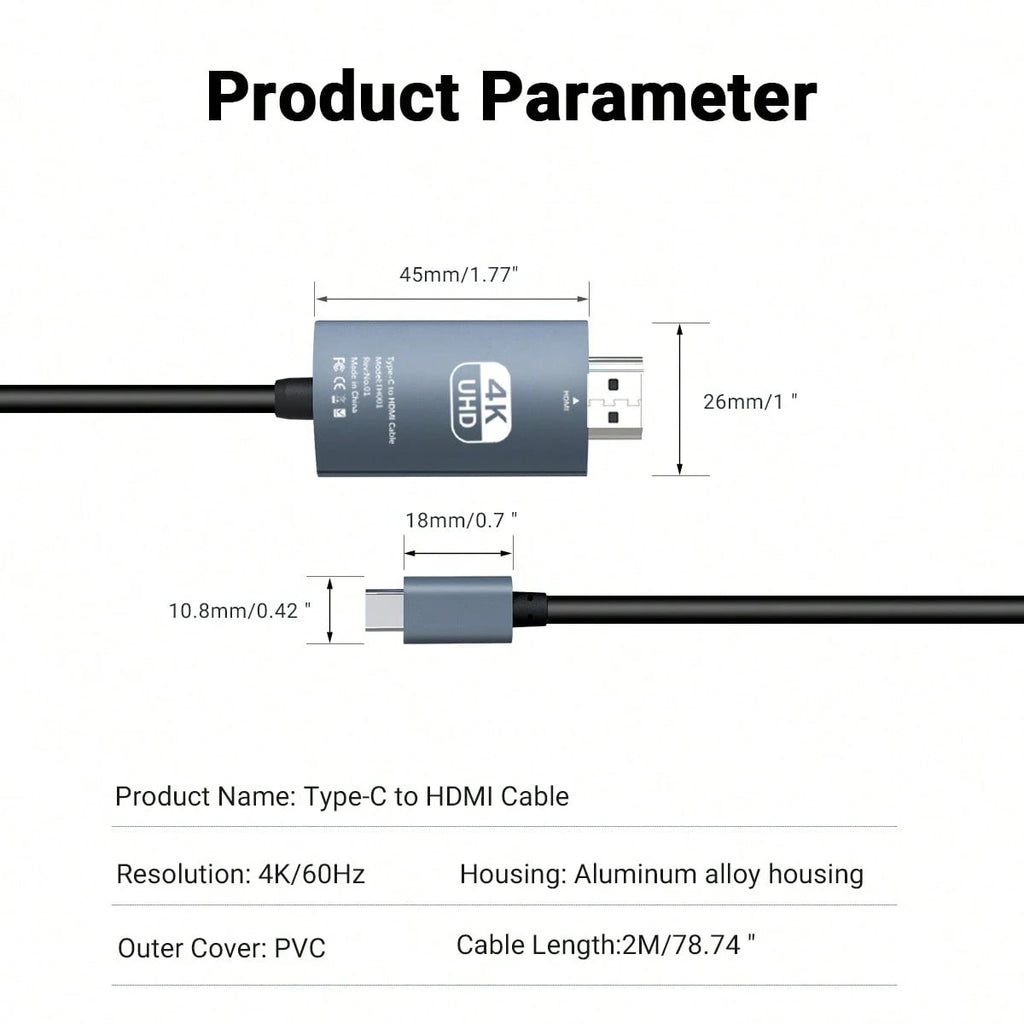 USB C to HDMI Cable 6.6ft 2M 4K 60Hz Type C to HDMI 2.0 Cord for MacBook Pro Air iPhone 17 16 15 iPad Galaxy S24 Dell XPS Surface Monitor TV Projector