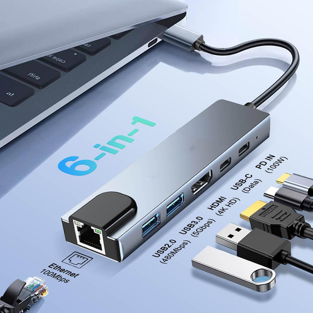 6 in 1 USB C Hub 4K HDMI 100Mbps Ethernet 100W PD Multiport Adapter Type C Dongle with USB 3.0 USB C Data for MacBook Pro Air iPad Pro Dell XPS Laptop