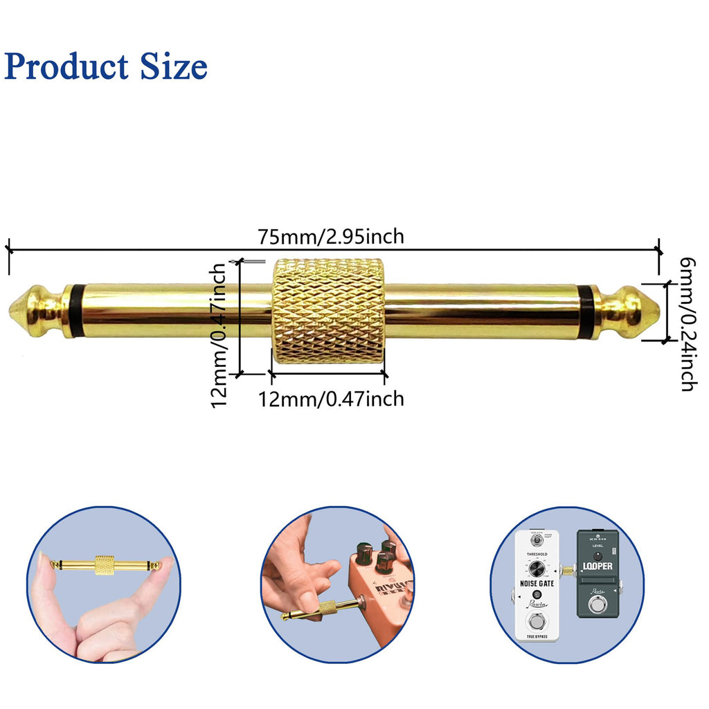 Straight 1/4 Inch Guitar Pedal Coupler 6.35mm TS Male to Male Audio Connector for Effects Pedalboard Gold Plated