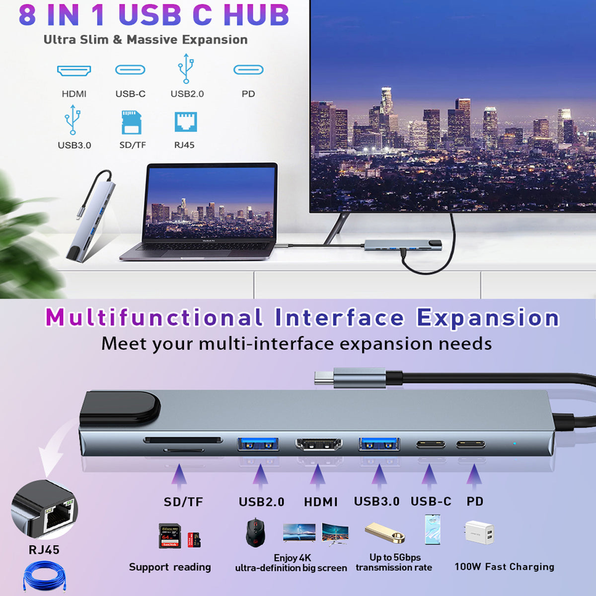 USB C Hub 8 in 1 Docking Station with 4K HDMI RJ45 Ethernet USB 3.0 USB 2.0 SD TF Card Reader PD Charging for MacBook Pro Air