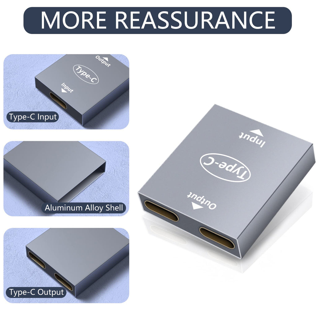 USB C Female to Dual USB C Female Splitter PD Charging Adapter One Data Port One Charging Only Port
