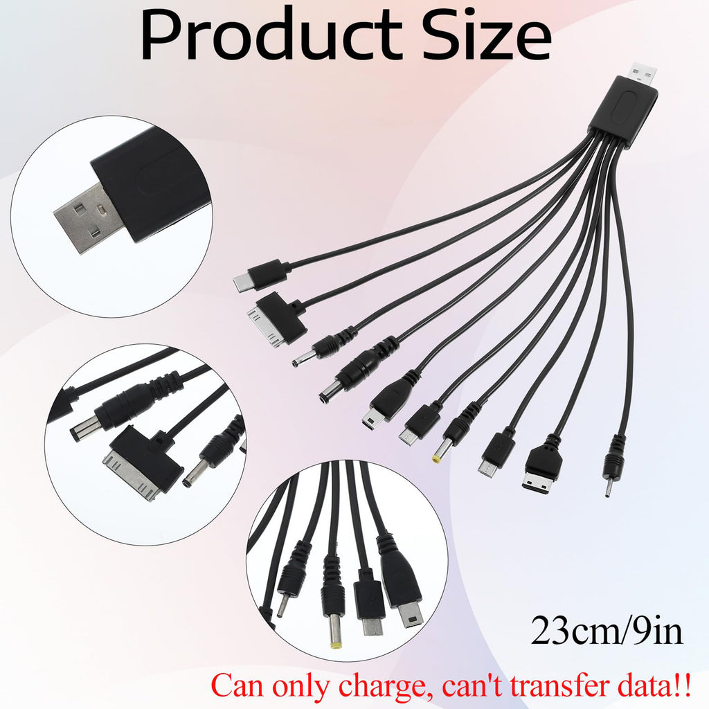 10 in 1 USB Multi Charging Cable Universal Charger Cord with 2 Micro USB USB C Mini USB DC Ports for Cell Phone Bluetooth Speaker MP3 MP4 Tablet