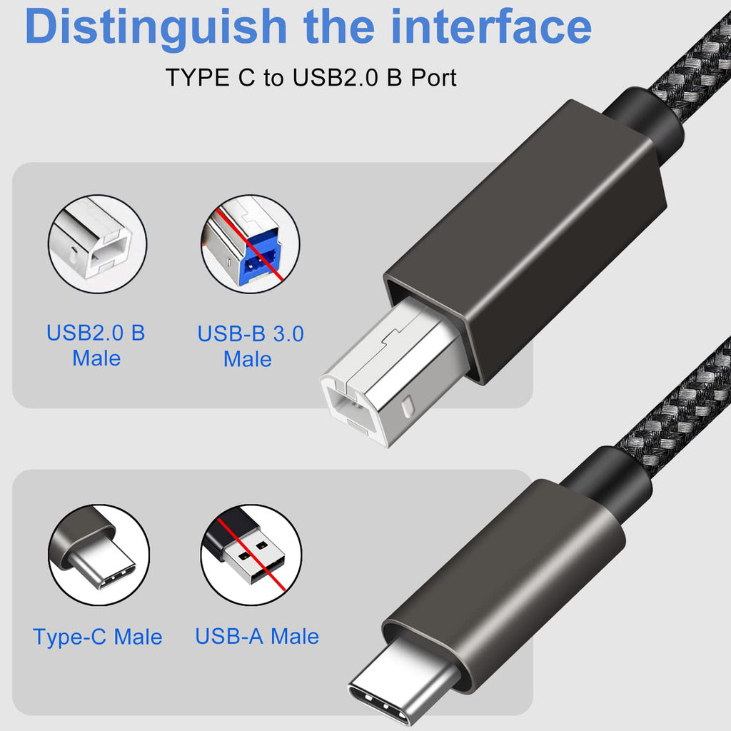 USB C to USB B Printer Cable Nylon Braided USB-C to USB-B 2.0 MIDI Scanner Cord for MacBook Pro PC Laptop HP Canon Epson Brother Yamaha Casio