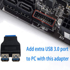 USB 3.0 20 Pin Header Female to Dual USB A Female Motherboard Adapter Internal Splitter Converter for PC Front Panel Black Blue