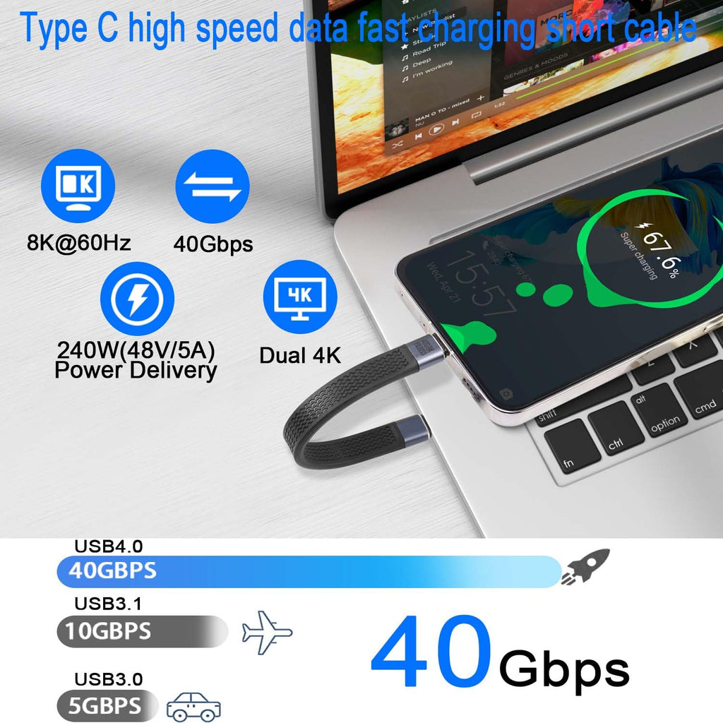 USB4 USB C Cable 240W 40Gbps 8K 60Hz 13cm Short Flat Type C Male to Male E Mark for Thunderbolt 3 4 MacBook Steam Deck Nintendo Switch