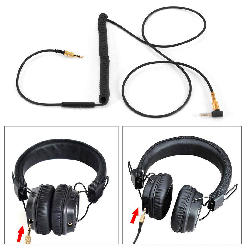 Replacement Audio Cable for Marshall Major 2 3 4 Monitor MID Headphones 3.5mm Coiled AUX Cord with Mic and Volume Control 90 Degree Right Angle Plugs