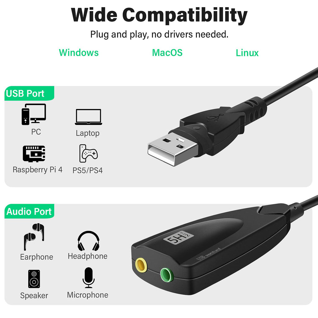 5Hv2 USB External Sound Card Virtual 7.1 Surround Sound USB to 3.5mm Audio Mic Jack Adapter Cable for PC Laptop Desktop PS4 PS5 Mac Windows