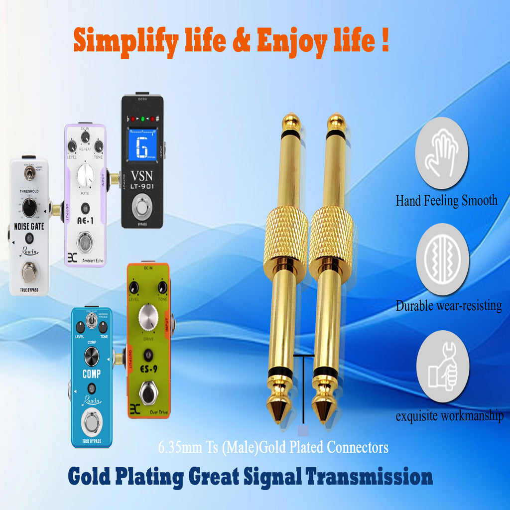 Straight 1/4 Inch Guitar Pedal Coupler 6.35mm TS Male to Male Audio Connector for Effects Pedalboard Gold Plated