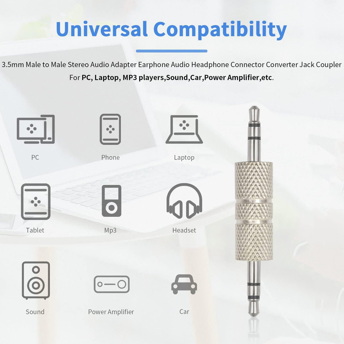 3.5mm Male to Male Audio Adapter 1/8 Inch TRS Stereo AUX Coupler All Metal Silver Gender Changer Plug for Bluetooth Receiver Car AUX Speaker PC Laptop