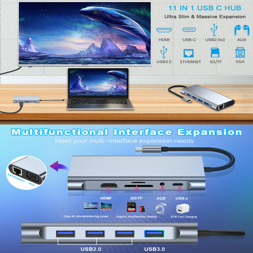 USB C Hub 11 in 1 Docking Station with 4K HDMI VGA RJ45 Ethernet USB 3.0 SD TF Card Reader 3.5mm Audio PD Charging for MacBook Pro Air