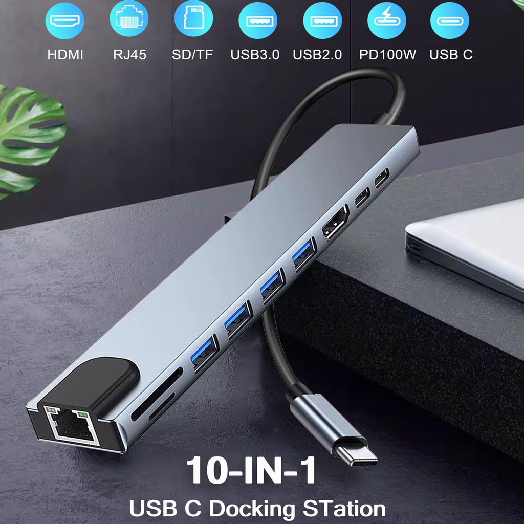 10 in 1 USB C Hub Multiport Adapter 4K HDMI 100Mbps RJ45 Ethernet 100W PD SD TF Card Reader USB 3.0 Type C Dock for MacBook Pro Air iPad Dell XPS