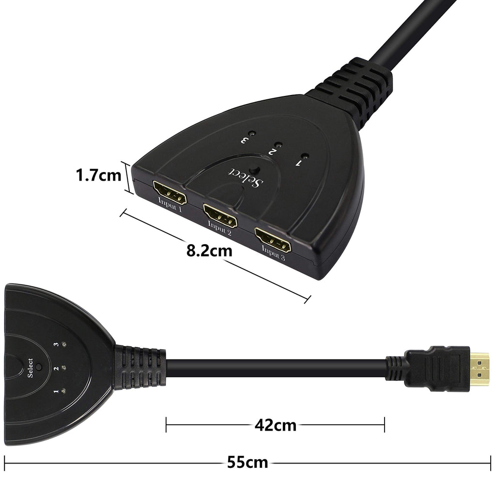 3 Port HDMI Switch 3 in 1 Out Manual HDMI Selector with Pigtail Cable 1080P 3D for PS4 PS3 Xbox One Roku 4 TV Box
