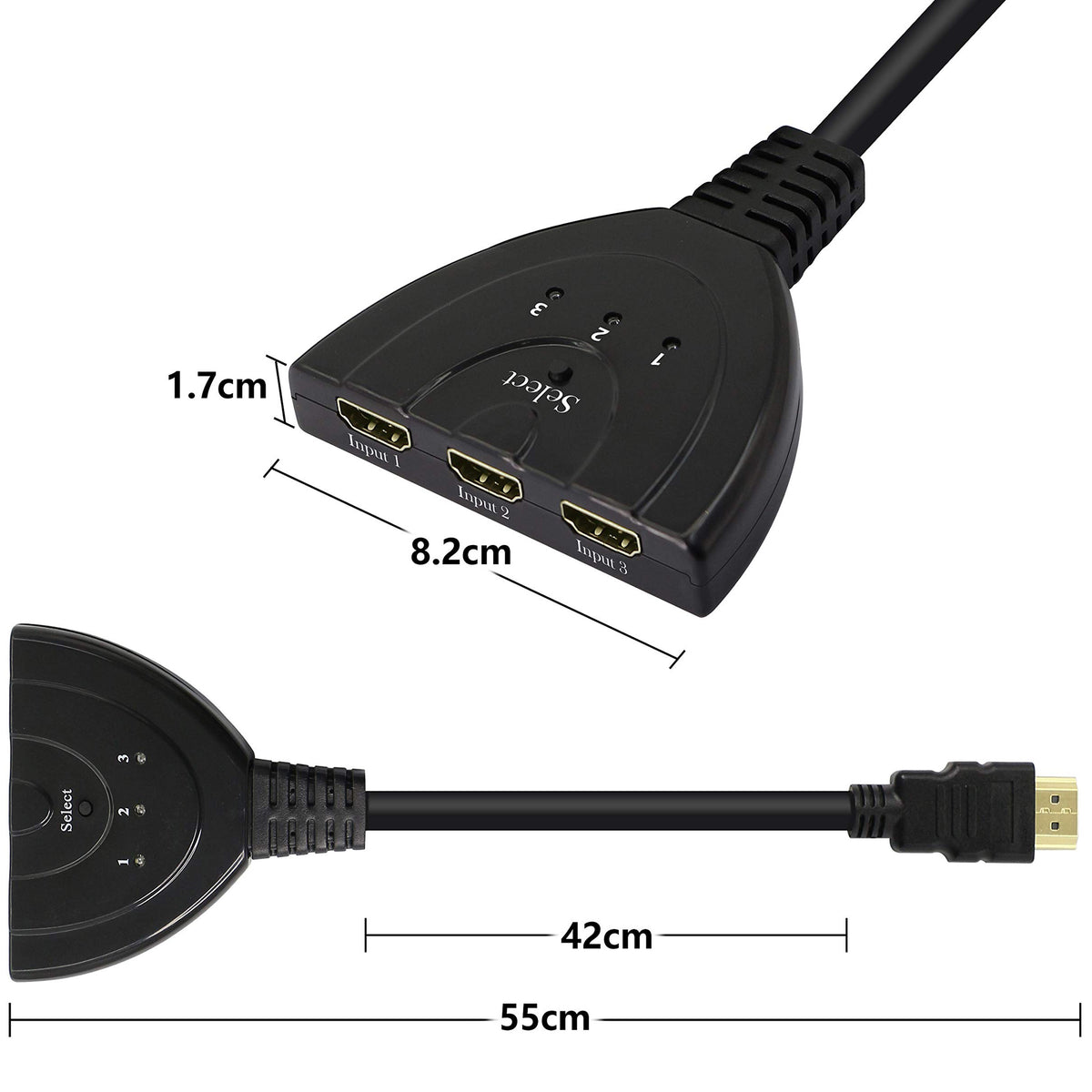 3 Port HDMI Switch 3 in 1 Out Manual HDMI Selector with Pigtail Cable 1080P 3D for PS4 PS3 Xbox One Roku 4 TV Box