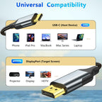 6FT USB C to DisplayPort Cable 4K 60Hz Type C to DP Monitor Cord Thunderbolt 3 4 for MacBook Pro Air iPad Pro iMac Dell XPS Surface Book Galaxy S23