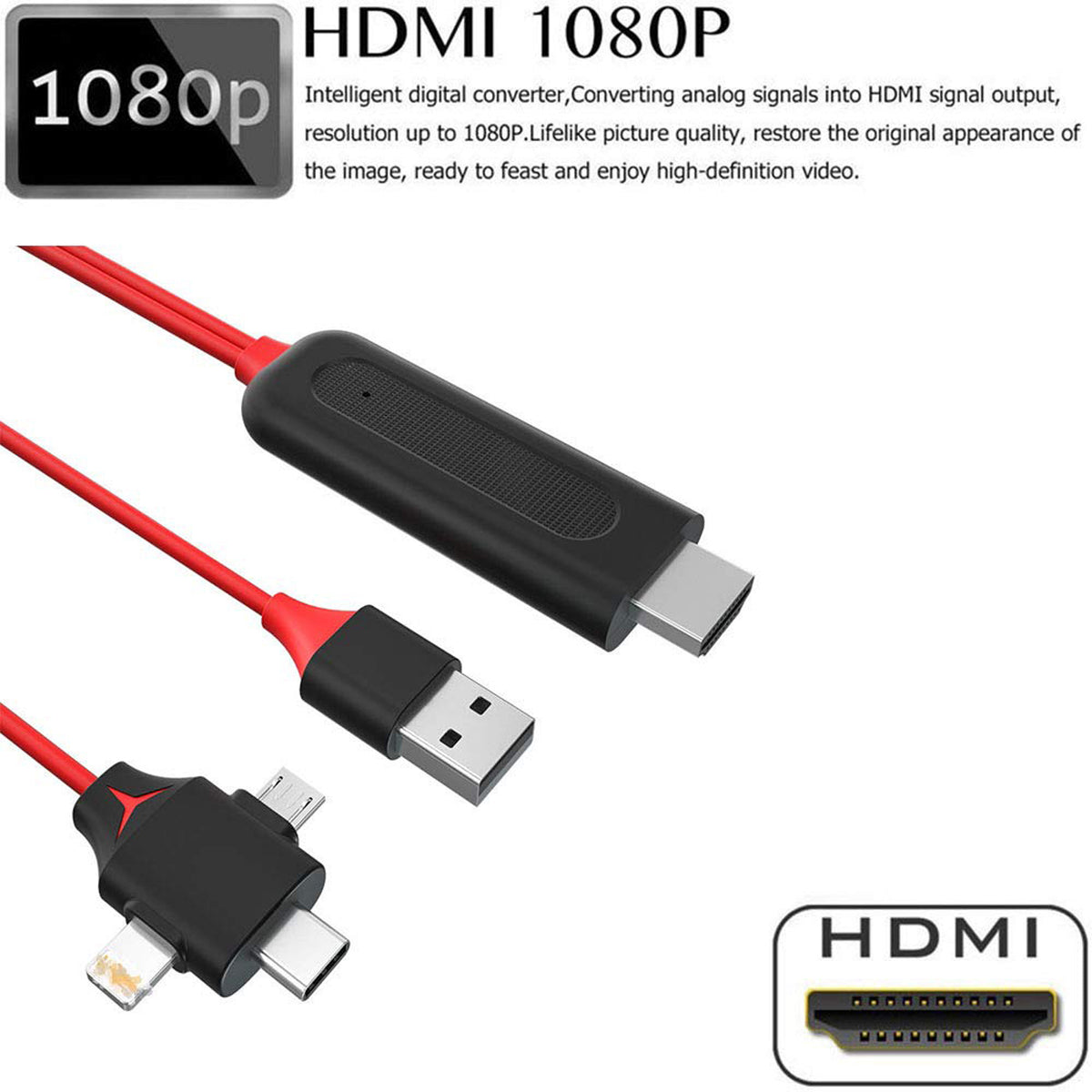 3 in 1 Phone to HDMI Cable 1080P Type C Lightning Micro USB to HDMI Screen Mirroring Cord with USB Power for iPhone 11 X 8 Samsung S9 S8 TV Projector