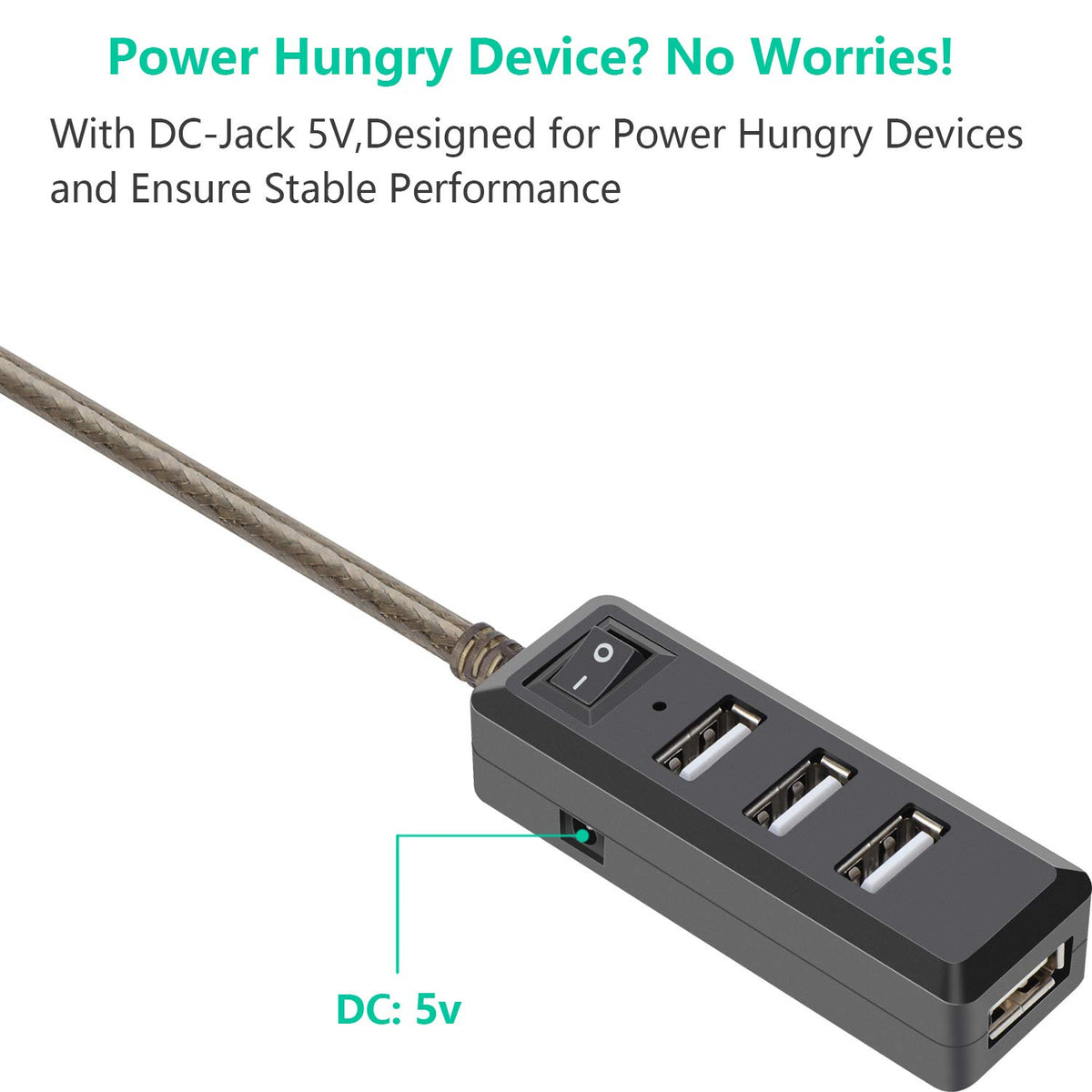 Active USB 2.0 Extension Cable with 4 Port USB Hub Power Switch Long USB Repeater Cord with DC 5V Jack for PC Laptop Printer Webcam Mouse Flash Drive