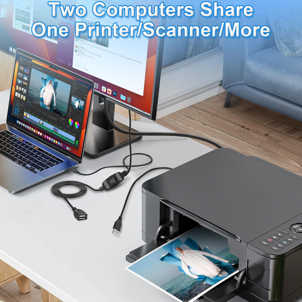 USB 2.0 Printer Sharing Switch Cable 2m 2 Computers Share 1 USB Device Female to Dual Male Manual Selector Cord for Printer Scanner Hard Drive PC